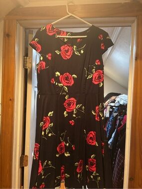 Black Midi Dress with Red Rose Print